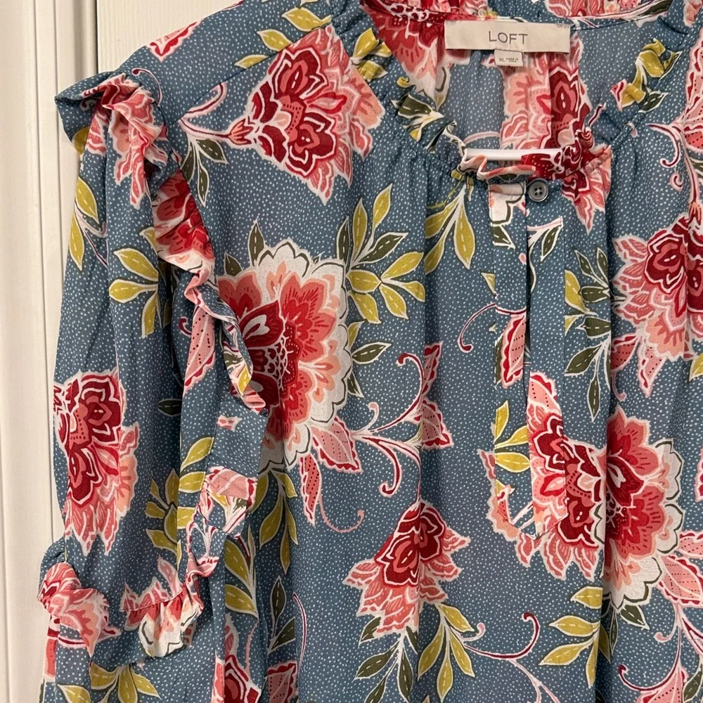 LOFT Floral Ruffle Blouse - Blue and Red - Picture 4 of 4